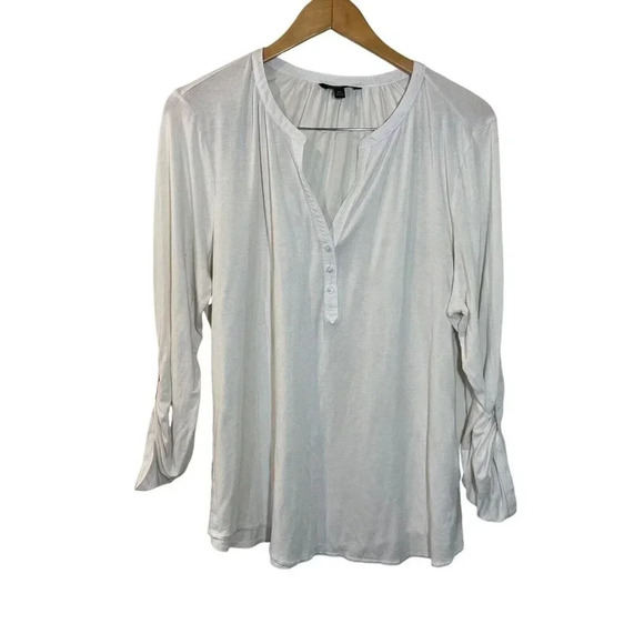 Banana Republic White Henley Top XL Long Sleeve Roll Tab V Neck Neutral Stretch - Picture 1 of 3